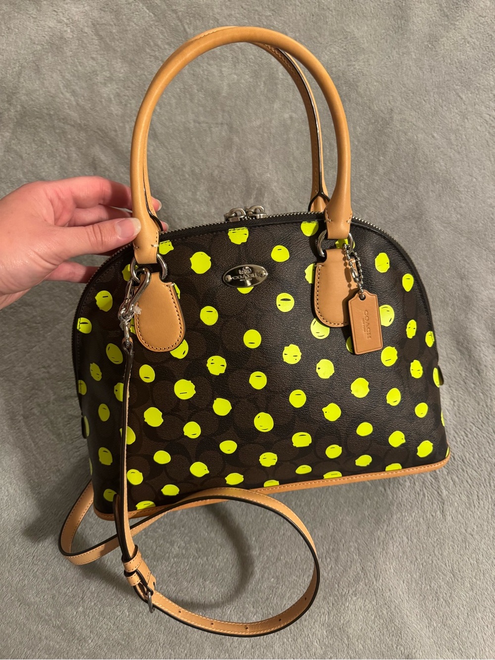 Coach Brown Canvas and Leather Cora Dome Satchel with Neon Yellow Polka Dots